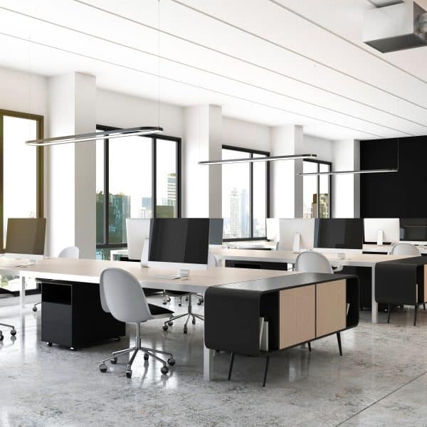 Open,Space,Office,With,Modern,Wooden,Furniture,,Computers,On,Tables,