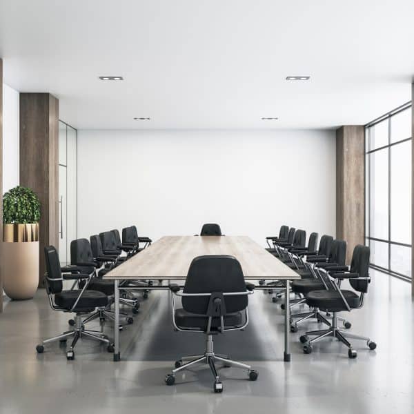 Modern,Spacious,Meeting,Room,With,Wooden,Table,And,Columns,,Black